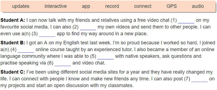 Lop 12 moi.unit 4.Listening.1. Read about how three students use social media. Complete the sentences with the words from the box