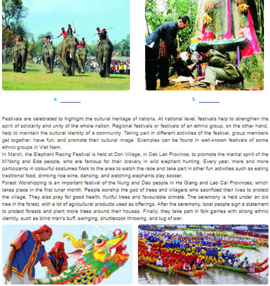 Lop-12-moi.unit-5.Communication-and-Culture.II. Culture.1. Read the text about celebrations of some ethnic groups in Viet Nam. Write the names of the festivals under the pictures