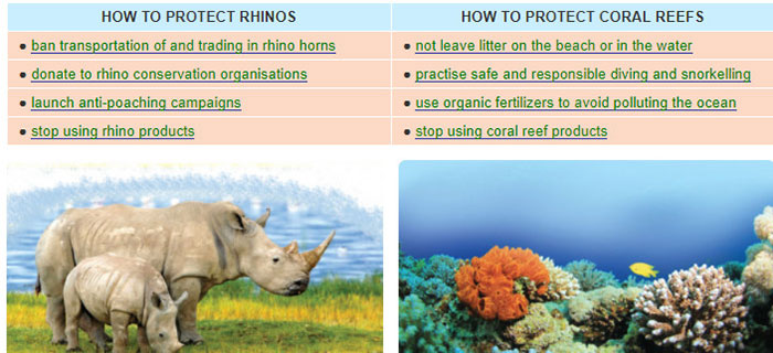 Lop-12-moi.unit-6.Speaking.1.-Put-the-following-ways-of-protecting-rhinos-and-coral-reefs-in-the-correct-boxes huong dan giai