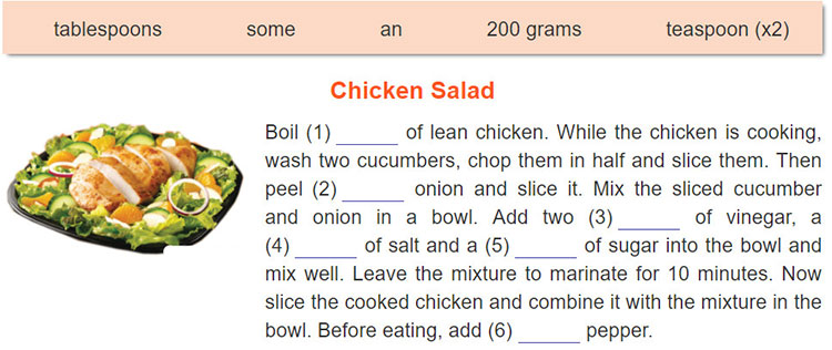 tieng-anh-lop-9-moi.unit-7.A-Closer-Look-2.3.a Read the instructions to make a chicken salad. Fill each blank with a word/phrase in the box