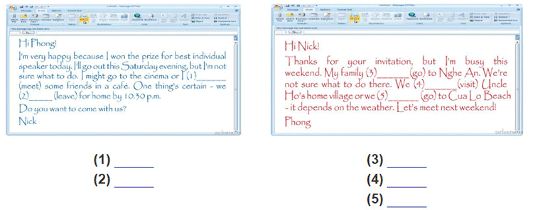 tieng-anh-lop-6-moi.Review-4.Unit-10,-11,-12.Language.6. Read e-mails from Nick and Phong. Fill each gap with might + the verb in brackets or will + the verb in brackets