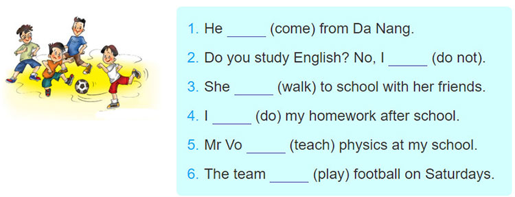tieng-anh-lop-6-moi.Unit-1.Looking-Back.4. Complete the sentences with the present simple