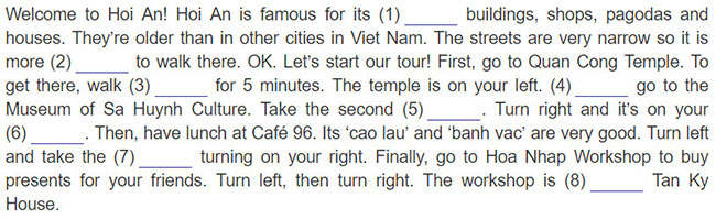 tieng-anh-lop-6-moi.Unit-4.Communication .1. Nick is listening to an audio guide to Hoi An. Listen and fill in the gaps