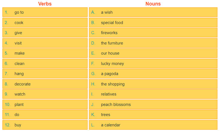tieng-anh-lop-6-moi.Unit-6.A-Closer-Look-1.3. Match the verbs with the suitable nouns