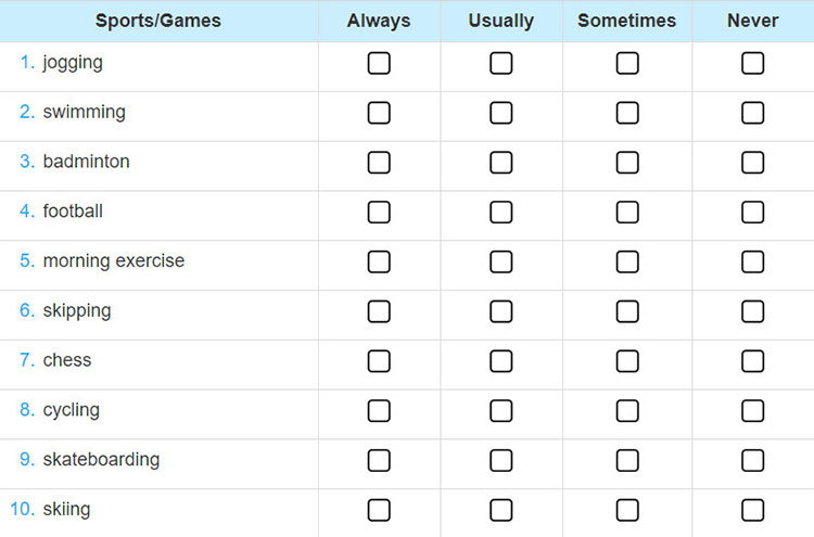 tieng-anh-lop-6-moi.Unit-8.Skills-1.4. How often do you go/do/play these sports, games?Tick the right column